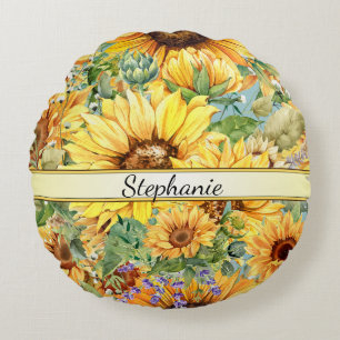 Land stijl Waterverf Zonnebloemen Rond Kussen