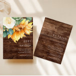 Land Sunflower Bouquet wood in één keer Kaart<br><div class="desc">Dit land zonnebloem bouquet hout in één huwelijksuitnodiging is perfect voor je gewone boho zomertuin. Het ontwerp is voorzien van een bouquet van waterverf gele gouden en rustige oranje zonnebloemen, elegante moderne groene eucalyptusgroen en een wit ivoor roos. Het ontwerp is ideaal voor een casual bruiloft met kledingstukken voor buitenshuis....</div>