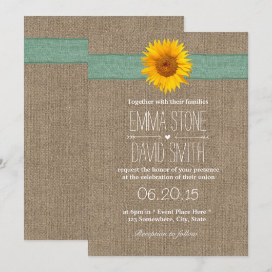 Land Sunflower Burlap Wedding Kaart (Voorkant / Achterkant)