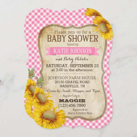 Land Sunflower en Gingham Check Baby shower Kaart (Voorkant / Achterkant)