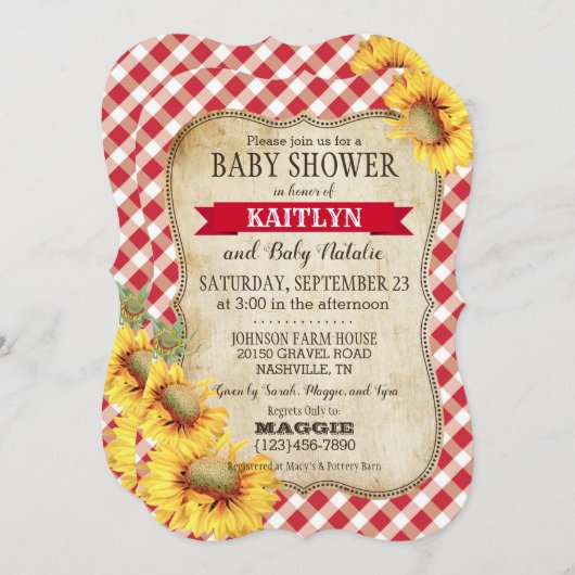 Land Sunflower en Gingham Check Baby shower Kaart (Voorkant / Achterkant)
