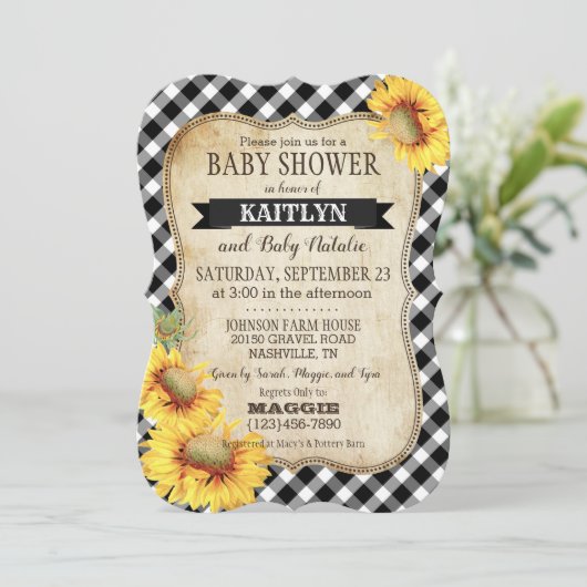 Land Sunflower en Gingham Check Baby shower Kaart (Staand voorkant)