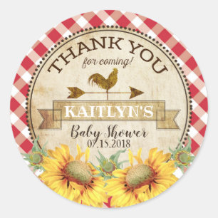 Land Sunflower en Gingham Check Baby shower Ronde Sticker