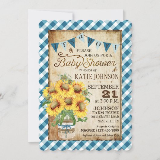 Land Sunflower Gingham Check Boy Baby shower Kaart (Voorkant)