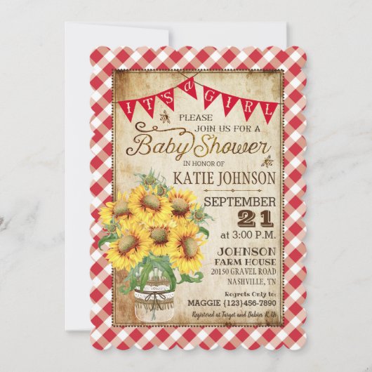 Land Sunflower Gingham Check Girl Baby shower Kaart (Voorkant)