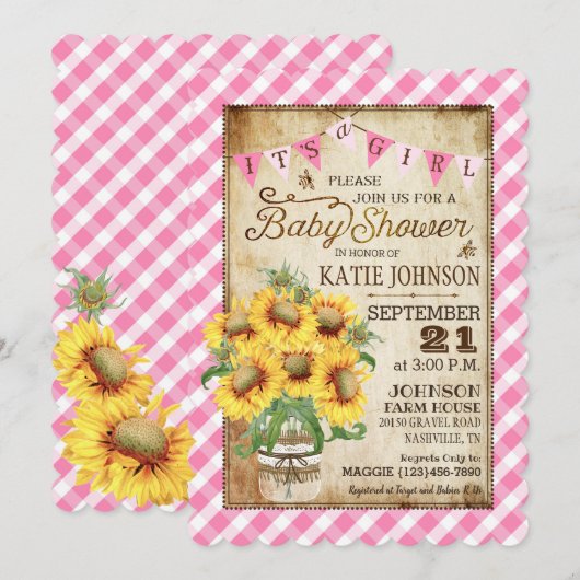 Land Sunflower Gingham Check Girl Baby shower Kaart (Voorkant / Achterkant)