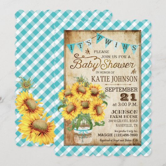 Land Sunflower Gingham Check Twins Baby shower Kaart (Voorkant / Achterkant)