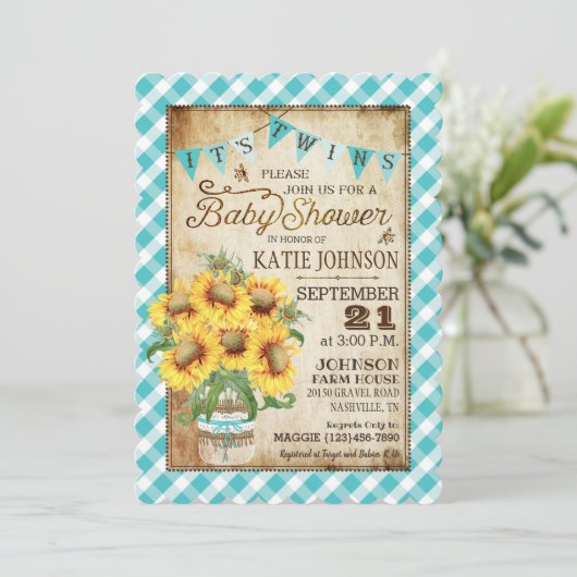 Land Sunflower Gingham Check Twins Baby shower Kaart (Staand voorkant)