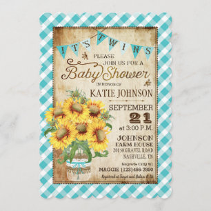Land Sunflower Gingham Check Twins Baby shower Kaart
