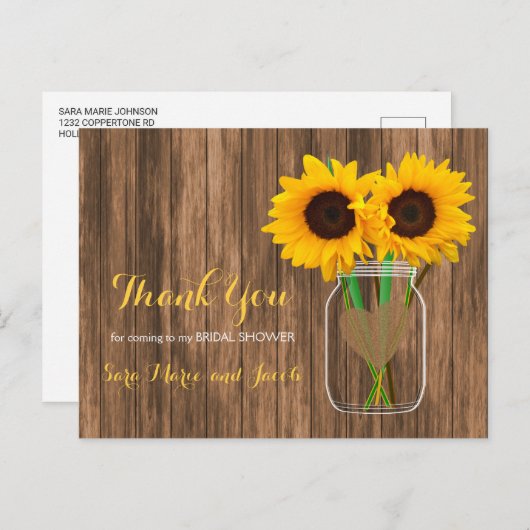 Land Sunflower Mason Jar - Dank u wel Briefkaart (Voorkant / Achterkant)