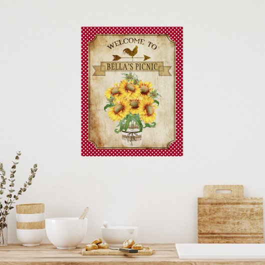 Land Sunflower Red Gingham Poster (Keuken)