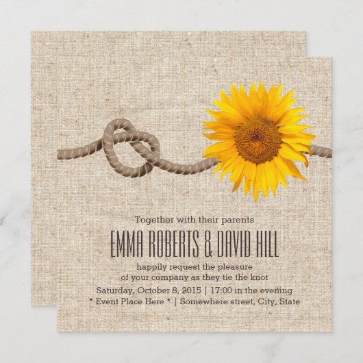 Land Sunflower & Twine Knot Burlap Wedding Kaart (Voorkant / Achterkant)