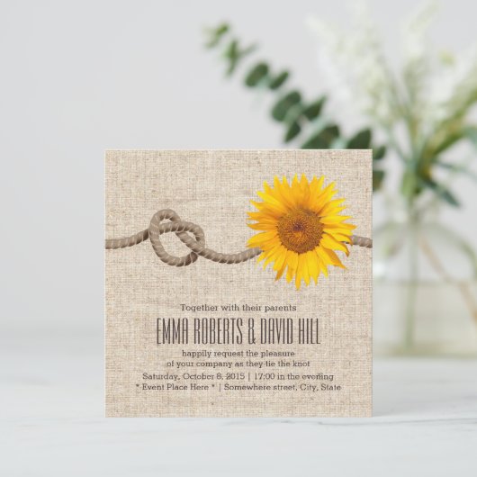 Land Sunflower & Twine Knot Burlap Wedding Kaart (Staand voorkant)