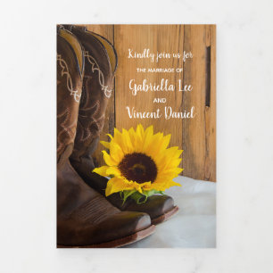 Land Sunflower Western Barn Wedding Drieluik Uitnodiging
