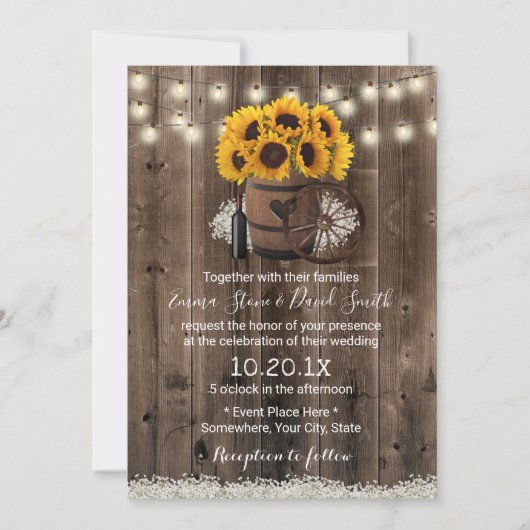 Land Sunflower Wood Barrel Rustic Wedding Kaart (Voorkant)