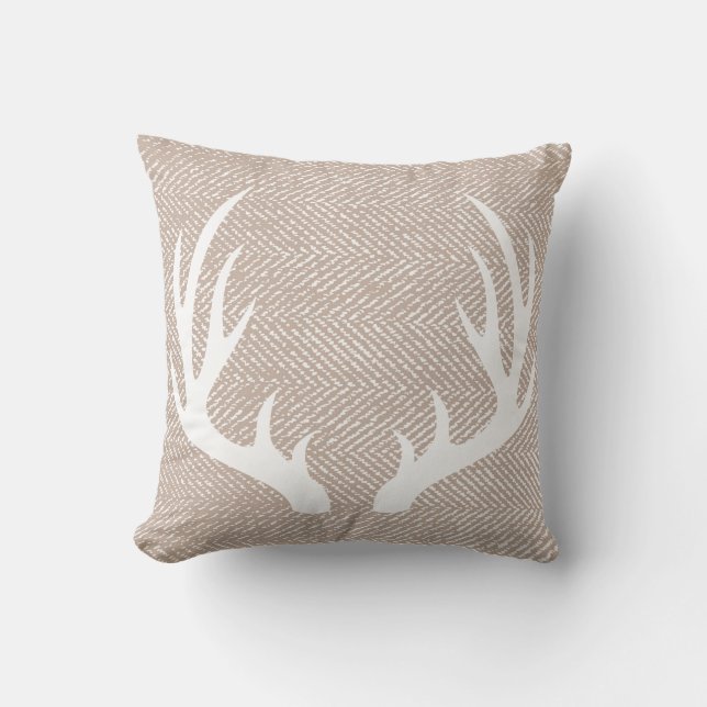 Land Taupe Herringbone White Deer Antlers Kussen (Voorkant)