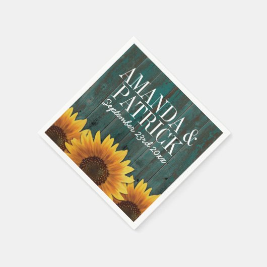 Land Turquoise hout + rustieke zonnebloem bruiloft Servetten (Hoek)