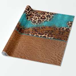Land Turquoise Leopard Brown Faux Leather Cadeaupapier