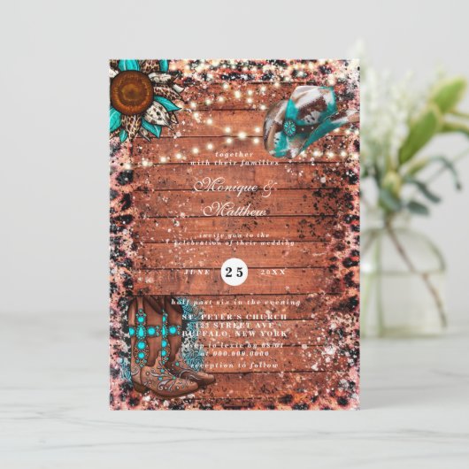 Land Turquoise Lights Wood Boots Weddenschap Kaart (Staand voorkant)