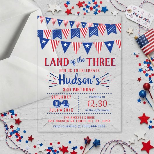 Land van de Drie! 4 juli 3e verjaardagsfeestje Acryl Uitnodigingen