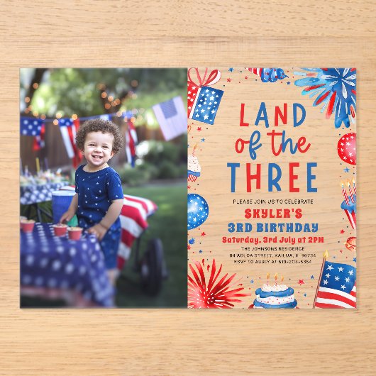 Land van de Drie 4e juli Patriottische 3e verjaard Acryl Uitnodigingen (Voorkant)