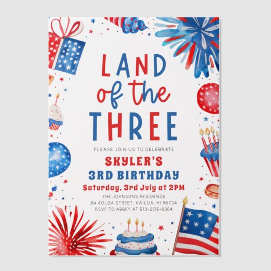 Land van de Drie 4e juli Patriottische 3e verjaard Vellum Uitnodigingen (Voorkant)