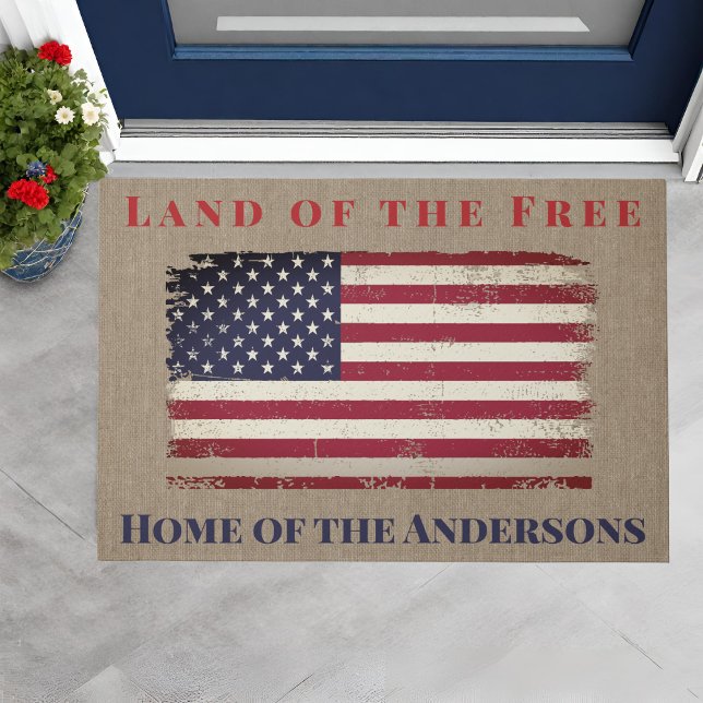 Land van de Vrije Amerikaanse Vlag Gepersonaliseer Deurmat (Land of the Free American Flag Personalized Doormat. Just addd your family name!)