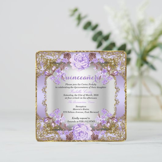  land van Quinceanera - Floral Lavender Paars Kaart (Staand voorkant)