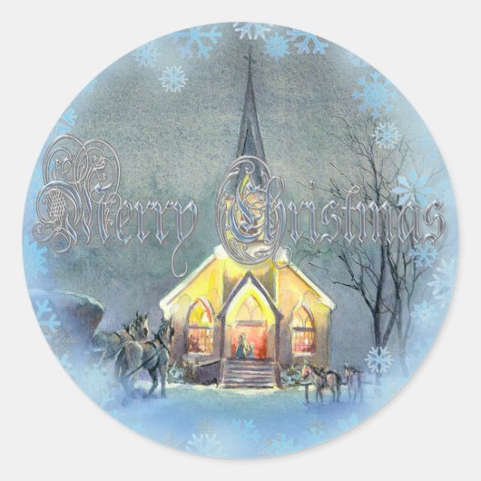 LAND VROLIJKE KERST KERK DOOR SHARON SHARPE RONDE STICKER (Voorkant)