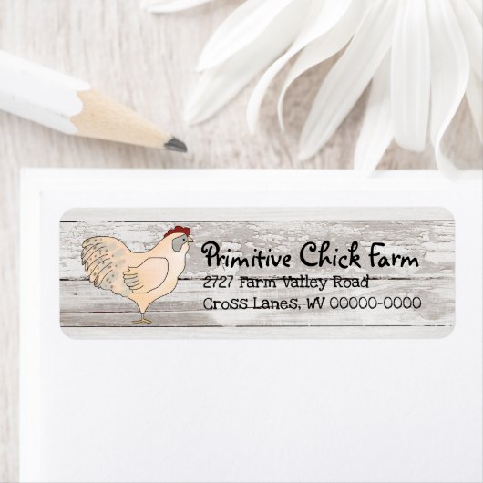 Land waar de kippen primitief op het houten label  (Insitu)