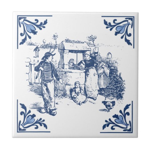 Land Waterput Delfts Blauw en Wit Tegeltje (Voorkant)