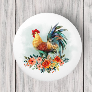 Land Waterverf Chicken Rooster Floral Bouquet Keramische Knop