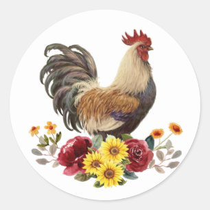 Land Waterverf Chicken Rooster Floral Bouquet Ronde Sticker