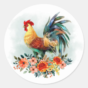 Land Waterverf Chicken Rooster Floral Bouquet Ronde Sticker