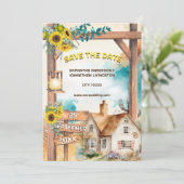 Land waterverf huis zonnebloemboog rustiek kaart (Staand voorkant)