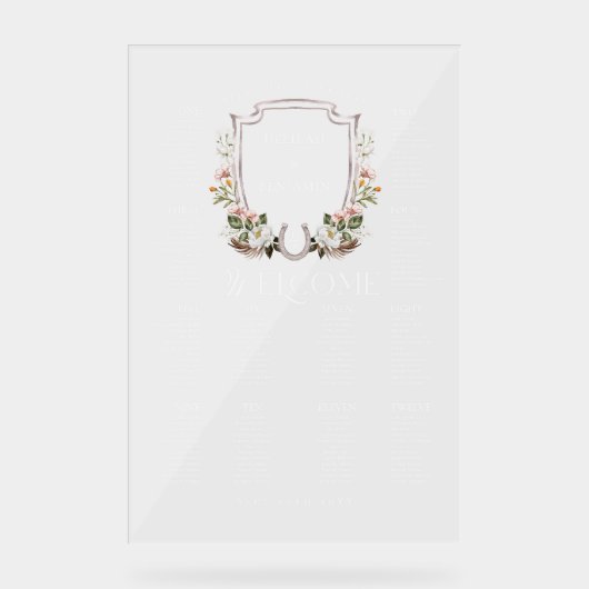 Land Western Bloemen Crest Bruiloft Zitkaarten Acryl Bord (Voorkant)