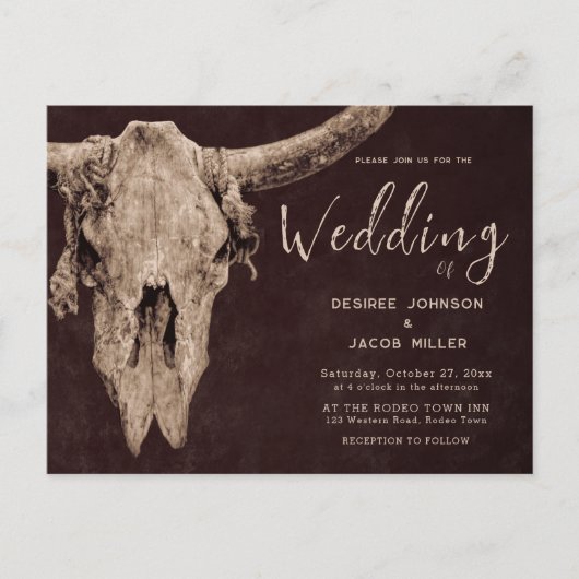 Land Western Bruin Rustiek Rodeo Bull Skull Uitnodiging Briefkaart (Voorkant)