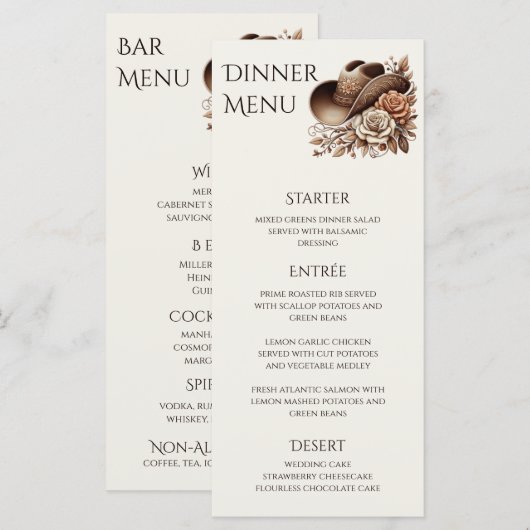 Land Western Cowgirl Pet met Bloemen Menu (Voorkant / Achterkant)