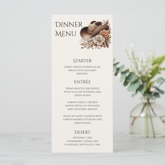 Land Western Cowgirl Pet met Bloemen Menu (Staand voorkant)