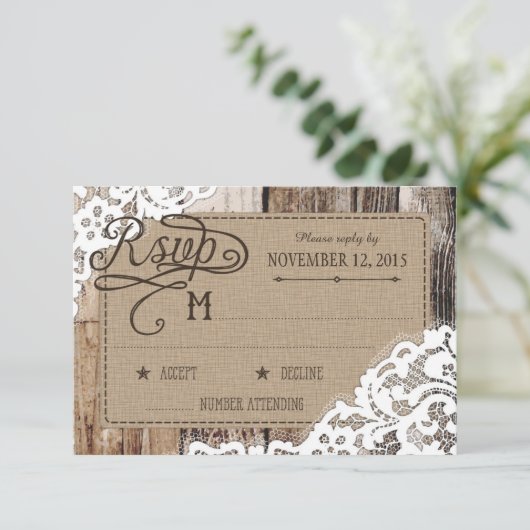 Land Western Houten Kant Rustieke RSVP-Kaart RSVP Kaartje (Staand voorkant)