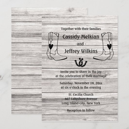 Land Western huwelijk Cowboy Boots Rustic Wood Kaart (Voorkant / Achterkant)