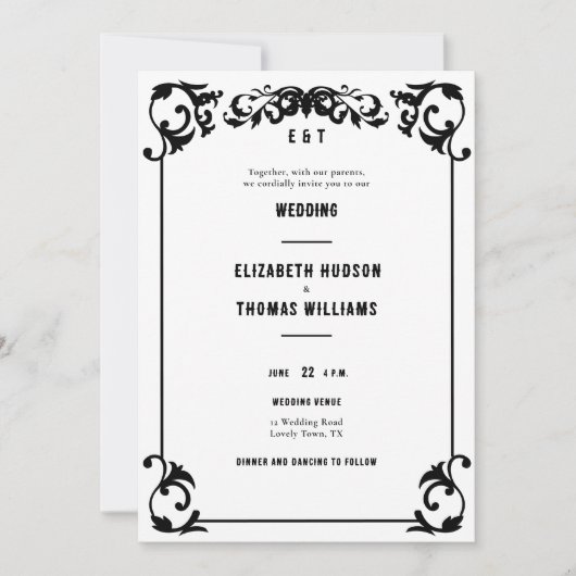 Land Western Minimaal Zwart Wit Formele Bruiloft Kaart (Voorkant)