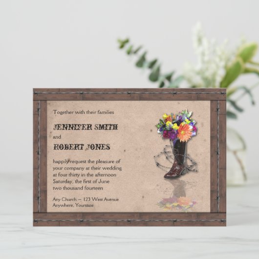 Land Western prikkeldraad bruiloft uitnodiging v2 (Staand voorkant)