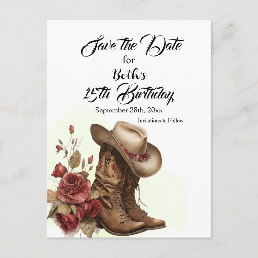Land Western, Roos, 15e Verjaardag Save the Date Briefkaart (Voorkant)