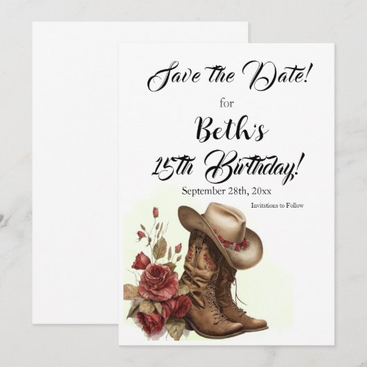 Land Western, Rozen, 15e Verjaardag Save The Date (Voorkant / Achterkant)