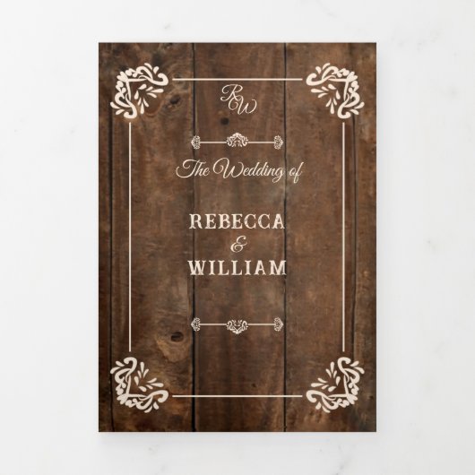 Land Western Rustiek Hout Formele Trifold Bruiloft Drieluik Uitnodiging (Cover)