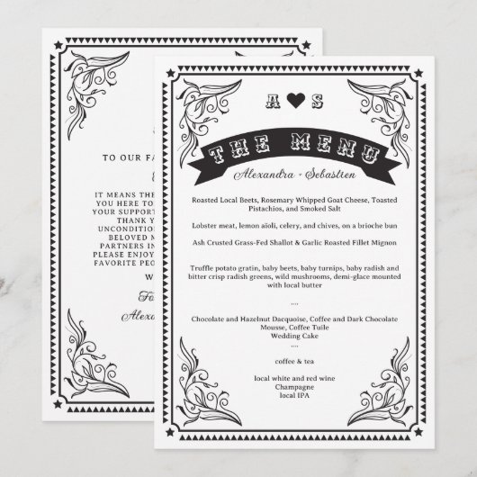  land Western rustieke eenvoudige chique bruiloft Menu (Voorkant / Achterkant)