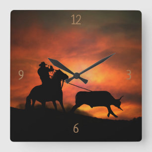 Land Western Steer Roping Long Horn Cowboy Vierkante Klok