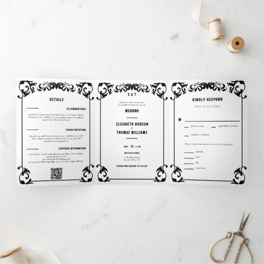 Land Western Zwart Wit Formele Trifold Bruiloft Drieluik Uitnodiging (Binnen)
