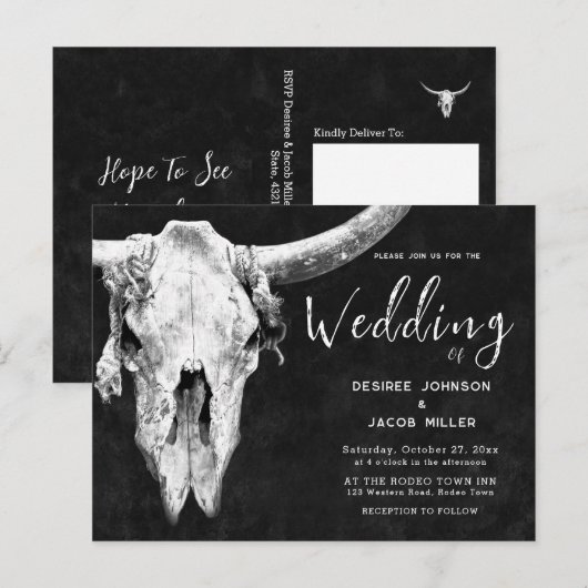 Land Western Zwart-wit Rodeo Bull Skull Uitnodiging Briefkaart (Voorkant / Achterkant)